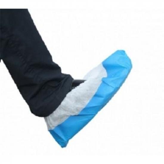 Cipővédő erősített fehér PP felsőrész és kék CPE talp, 50db/csom