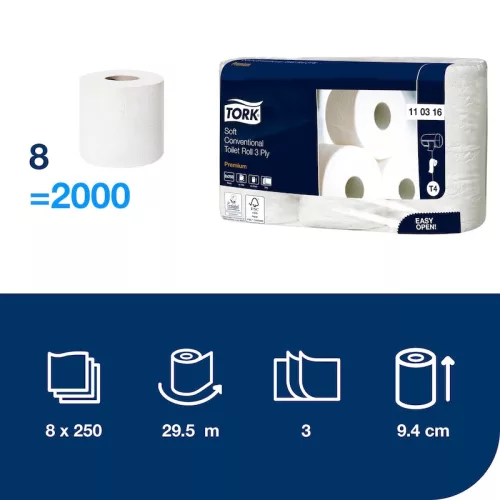 Kistekercses toalettpapír Fehér 3réteg Extra hosszú 250lap/tekercs 27,5m/tek 8db/csom (9csom/karton) Tork Premium