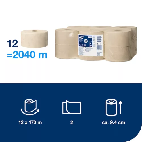 Mini Jumbo ÖKO NATURAL toalettpapír 2réteg. 170m, Tork Advanced T2 Rendszer 12tekercs/karton