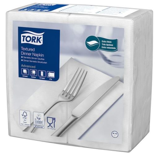 Texturált FEHÉR Dinner szalvéta 39x39cm 1/8 hajtás 50lap/csomag Tork (20csom./kart)