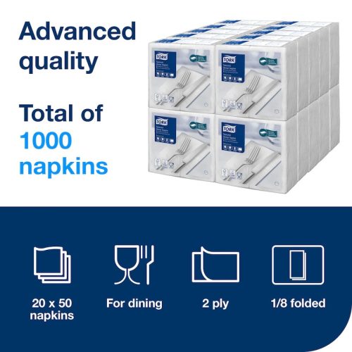Texturált FEHÉR Dinner szalvéta 39x39cm 1/8 hajtás 50lap/csomag Tork (20csom./kart)