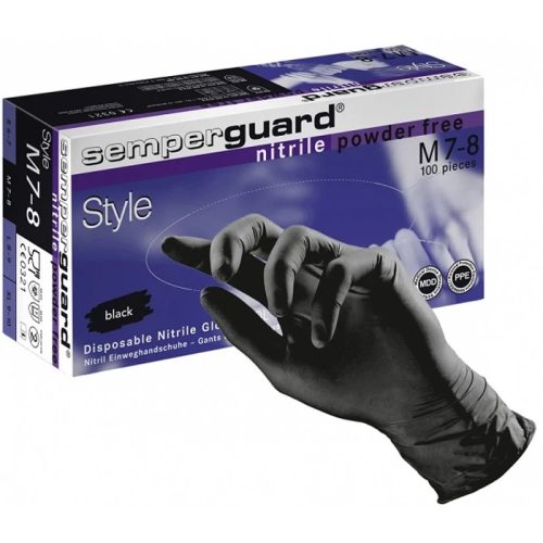 Semperguard Style FEKETE púdermentes Nitril Kesztyű M méret 100db/csomag